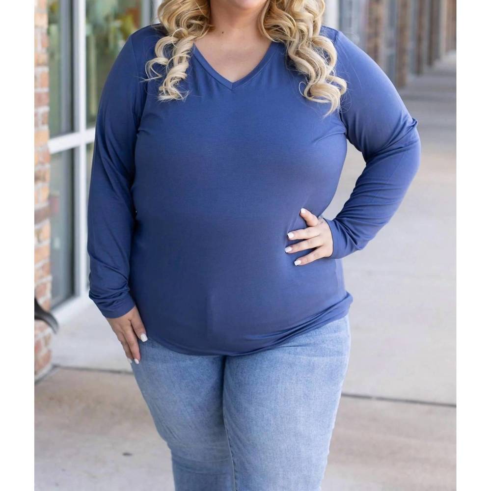 NEW MICHELLE MAE larissa long sleeve v-neck top in blue